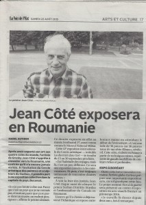 Article  - Jean Côté exposera en Roumanie - Samedi 22 août 2015 - La Voix de l'Est